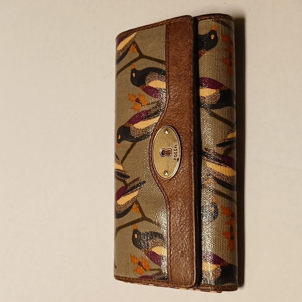 Fossil Vintage Brown Purple Bird Pattern Wallet GUC - Picture 11 of 12
